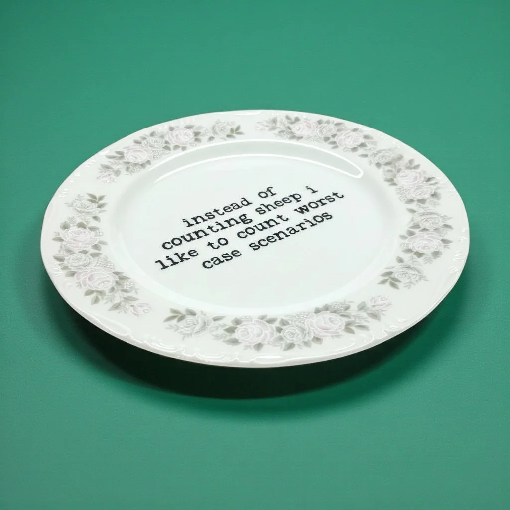 Funny porcelain dish with pastel roses and an ironic bedtime anxiety quote.
