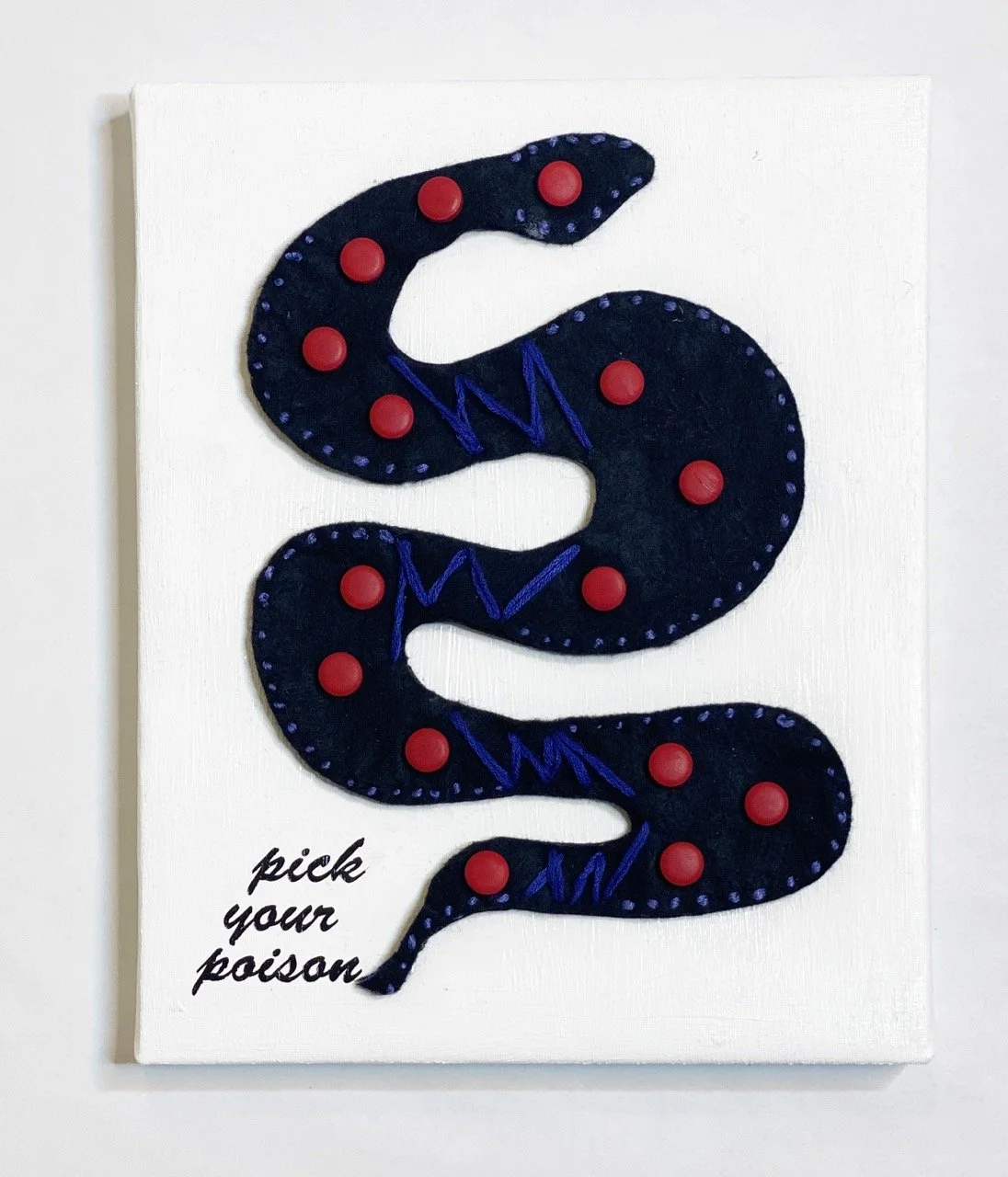 Illustration of a black snake with red button-like spots and blue stitching, set on a white background. The words "pick your poison" appear in black cursive at the bottom left.