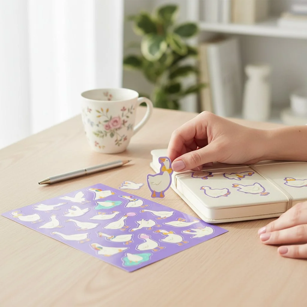 Funny animal stickers featuring playful geese doing goofy things on a purple background.