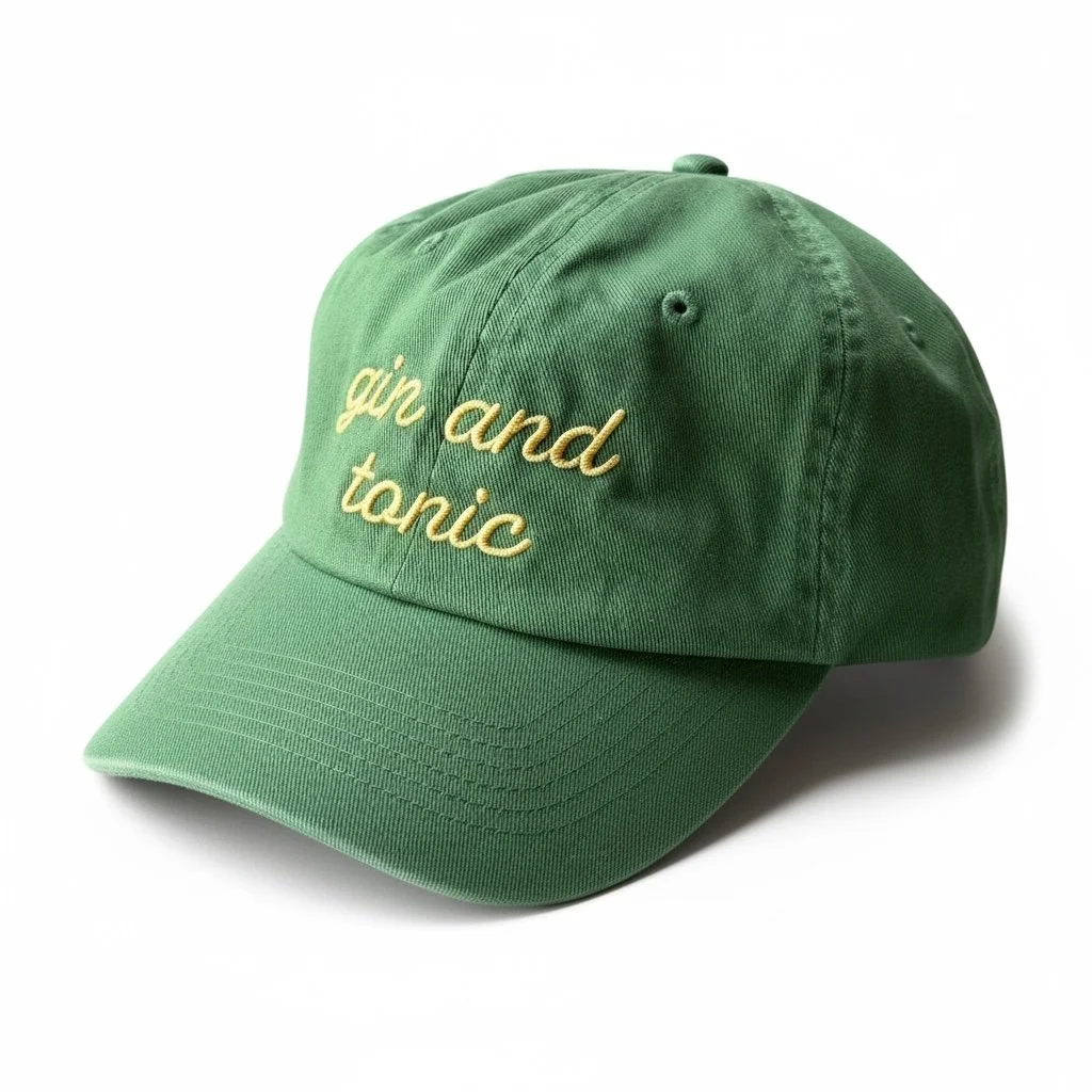 Trendy green hat with gin and tonic embroidered text for drink-themed casual wear.