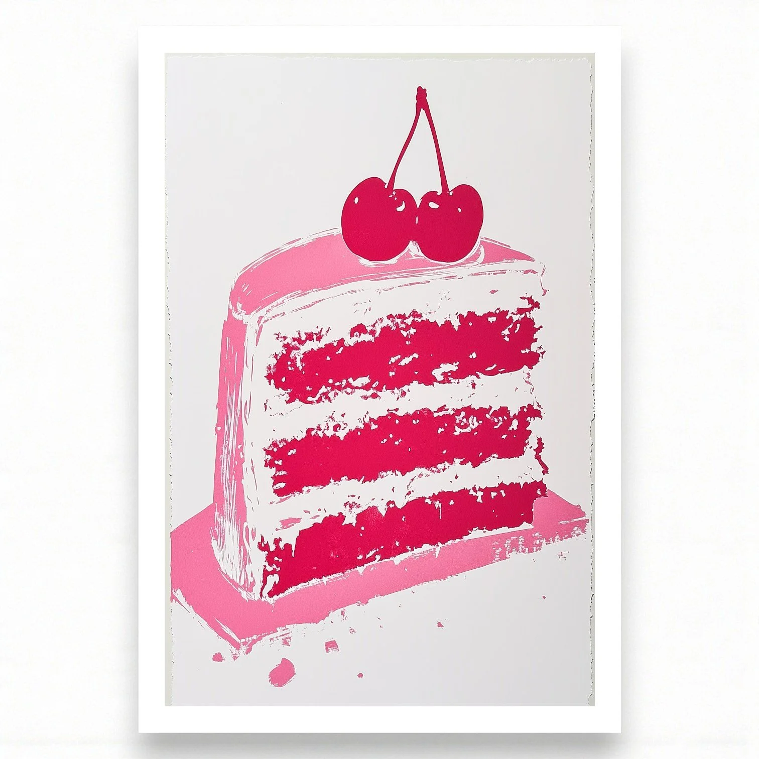 Bold pink and red pop art print of a layered cake slice with cherries on top.