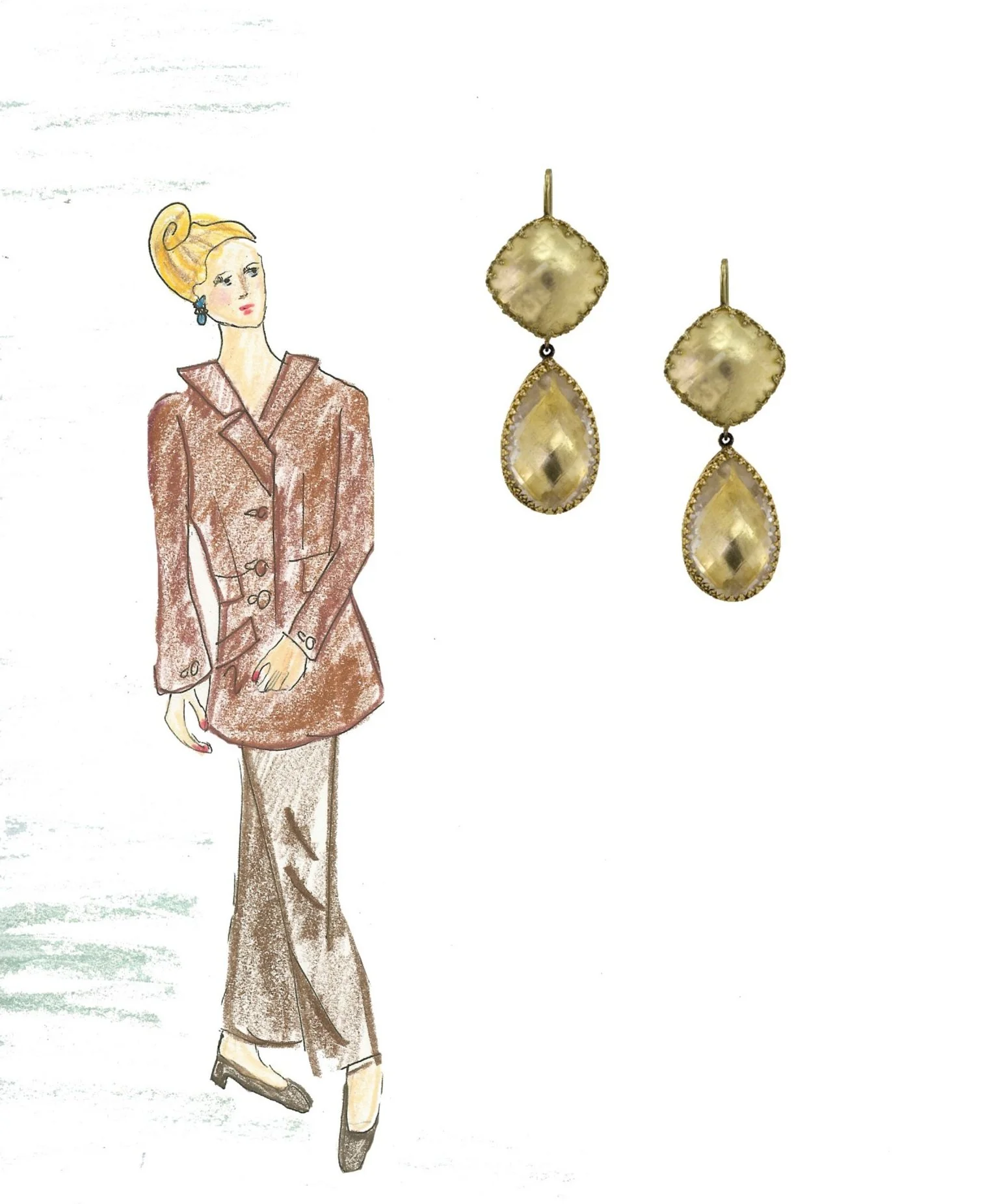 Fashion sketch featuring a woman in a brown double-breasted coat and wide-leg pants, paired with large gold drop earrings on the right. She has blonde hair in a high ponytail and wears black heels, showcasing a chic, vintage-inspired look.