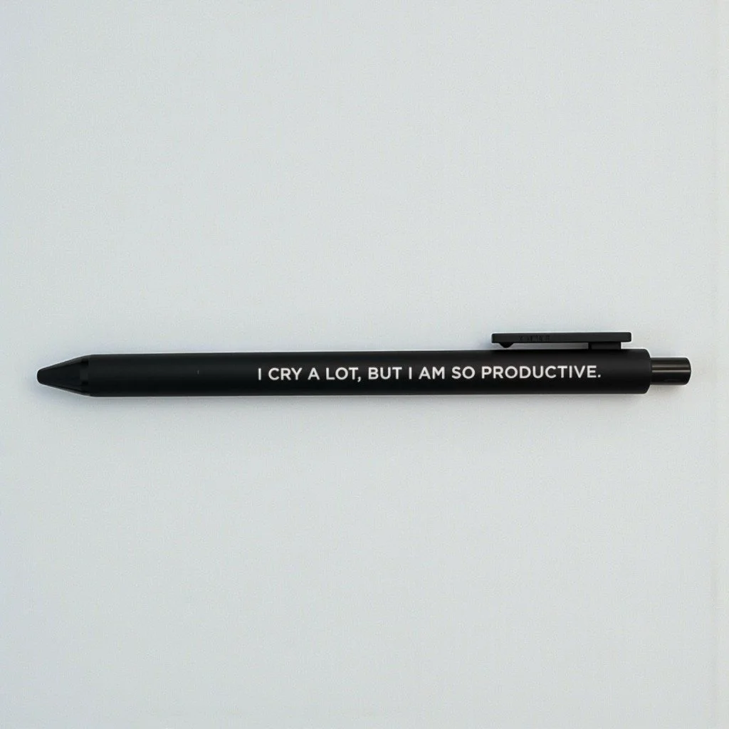 Matte black pen with the phrase “I CRY A LOT, BUT I AM SO PRODUCTIVE” inspired by Taylor Swift’s Tortured Poets Department era.