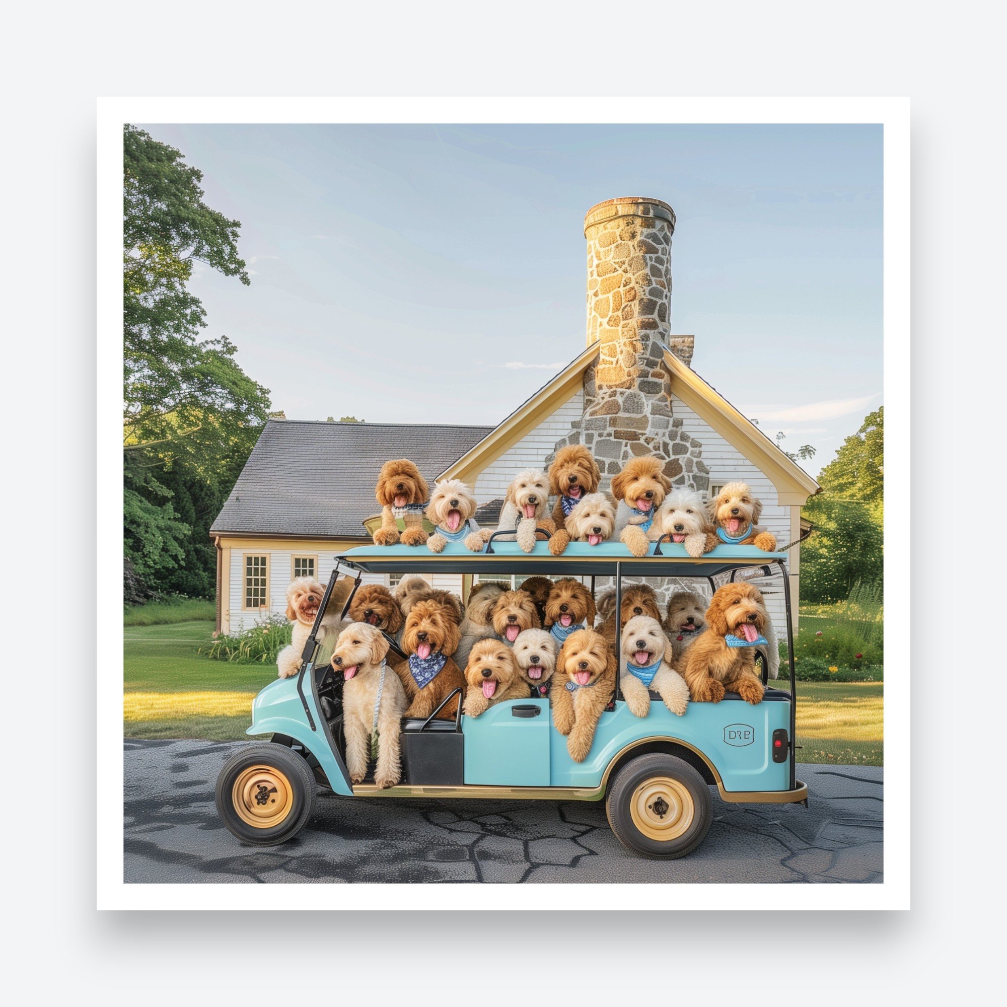 A group of happy golden doodle dogs packed into a retro blue car, all with tongues out and excited expressions, ready for a fun adventure.
