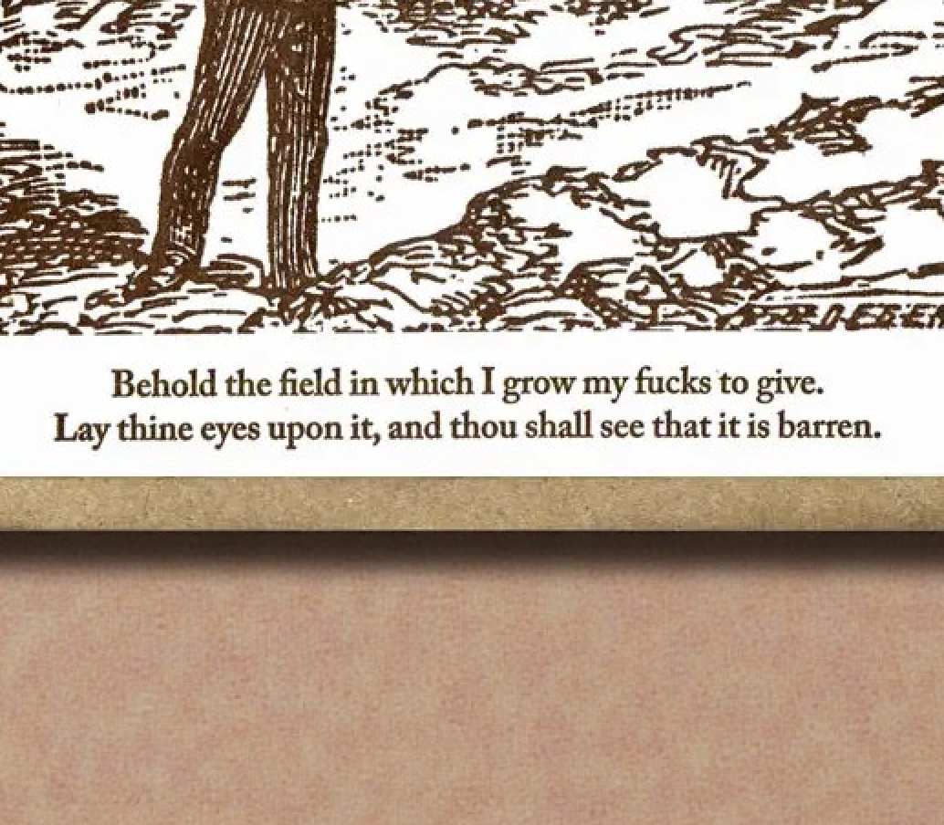 Funny adult greeting card in vintage style saying “Lay thine eyes upon it... it is barren.”
