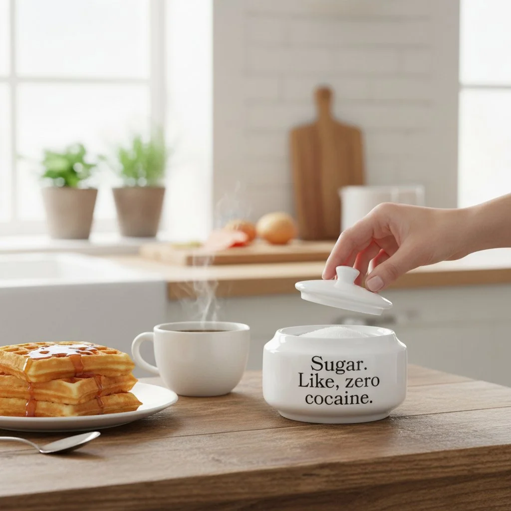 Ceramic sugar container with lid, bold black text and cheeky phrase perfect for gift or home use.