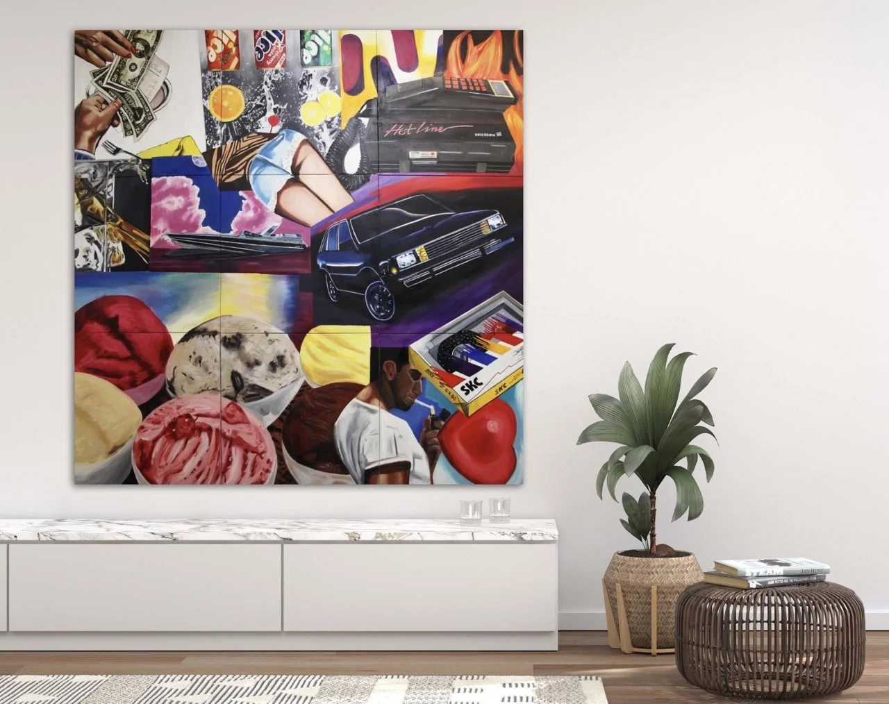 Oil painting on nine seperate canvas panels of 80's inspired advertisements featuring soda cans, a cigarette, and ice cream hung above a console.