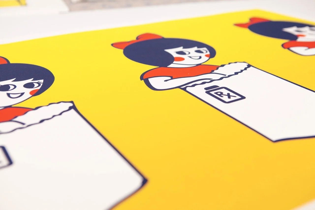 Pop art screeprint featuring three identical cartoon Utz girls with black hair, red bows, and red dresses, each holding a white prescription bag labeled "RX," against a yellow gradient background.