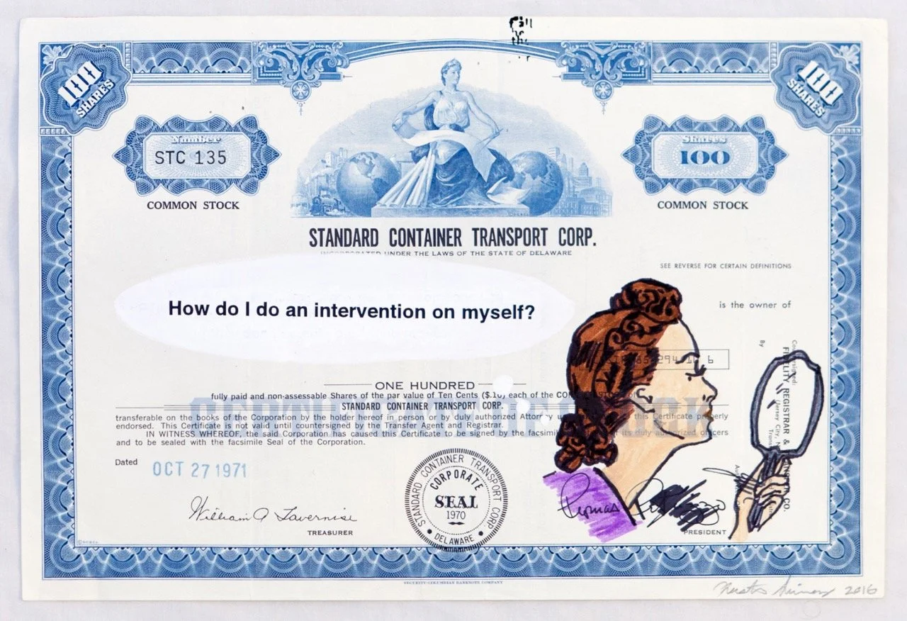 Artistic depiction of a Standard Container Transport Corp stock certificate, featuring a pop art illustration of a woman holding a mirror. The text bubble reads, "How do I do an intervention on myself?" The certificate is dated October 27, 1971, and 