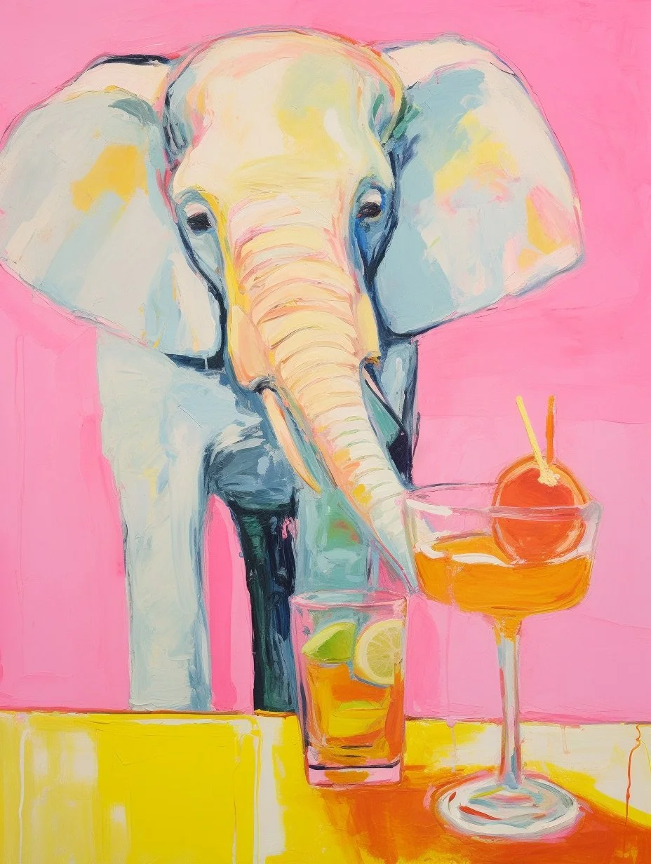 Whimsical painting of an elephant against a pink background, sipping from a cocktail glass with an orange and straw, and a second drink with lime on a yellow table. 