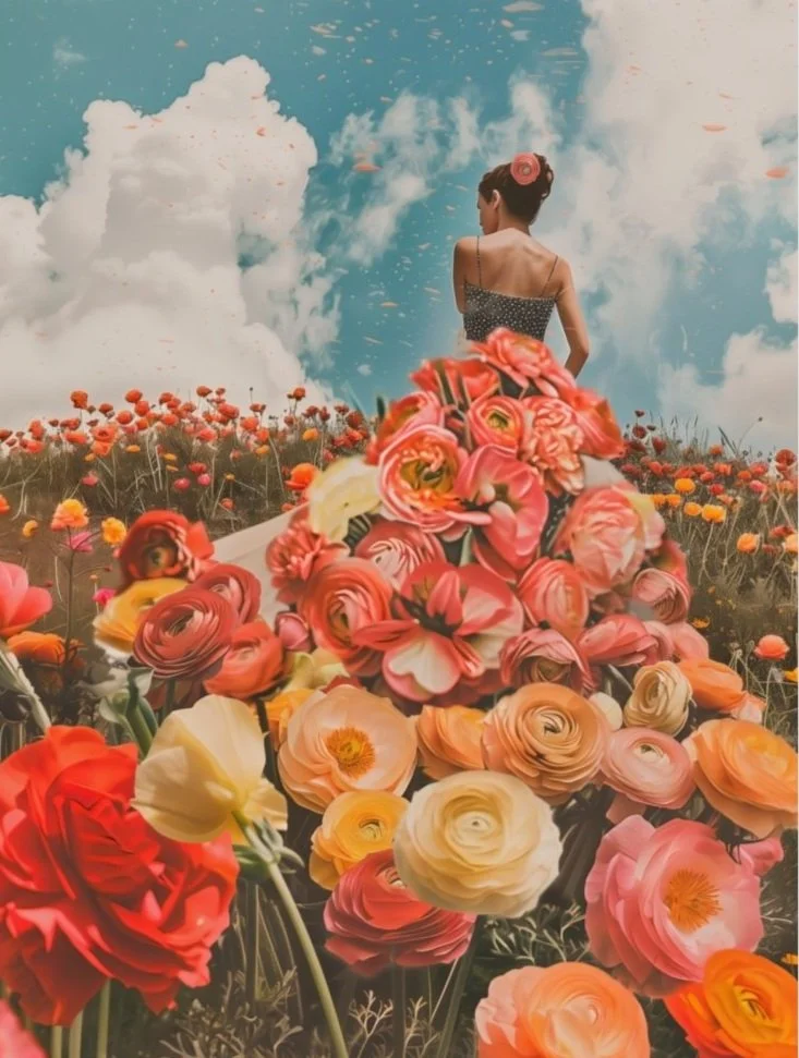 A woman in a floral dress stands in a vibrant field of colorful ranunculus flowers under a blue sky with fluffy clouds. The foreground is filled with large, blooming flowers in red, pink, orange, and yellow.