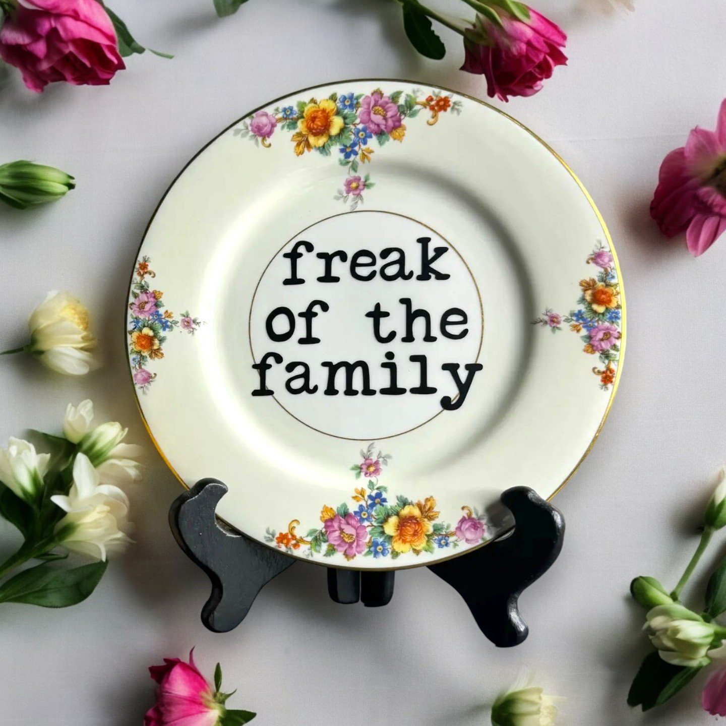 Vintage-style decorative plate with floral design and the humorous text "Freak of the family."