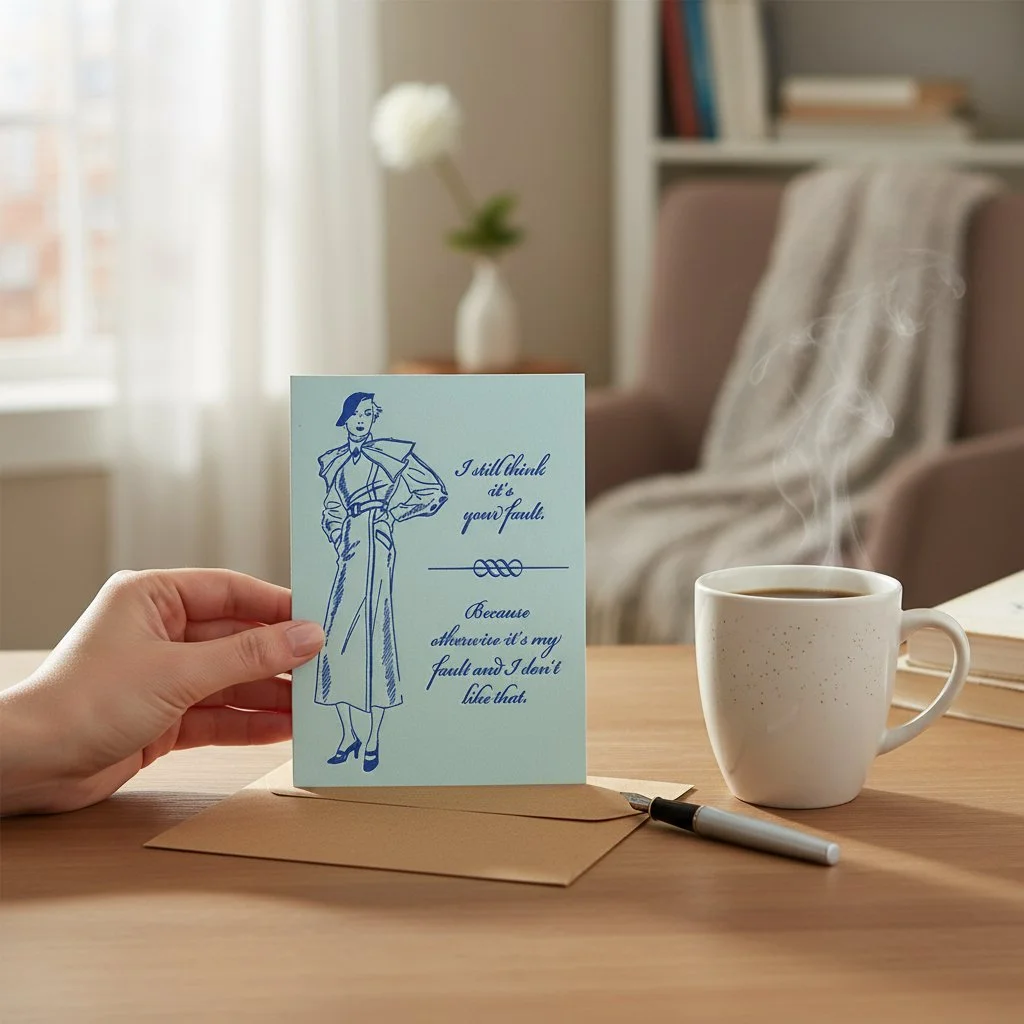 Stylish greeting card with passive aggressive humor in retro design.