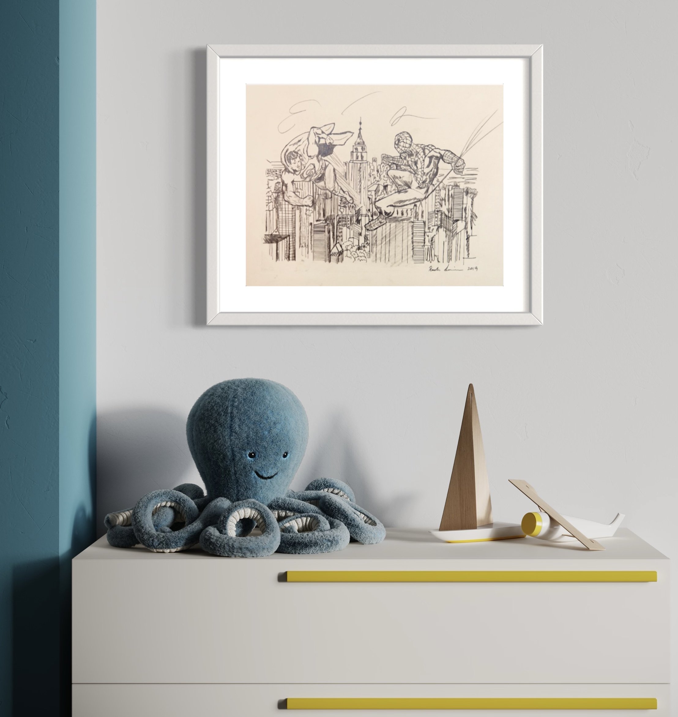 Pencil illustration of spiderman and superman flying about the New York cityscape background, framed in white and displayed above a playful plush octopus and wooden decor on a modern dresser.
