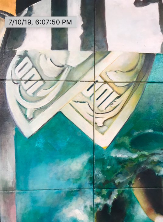 Close up of a painting featuring water splashing and two one hundred dollar bills.
