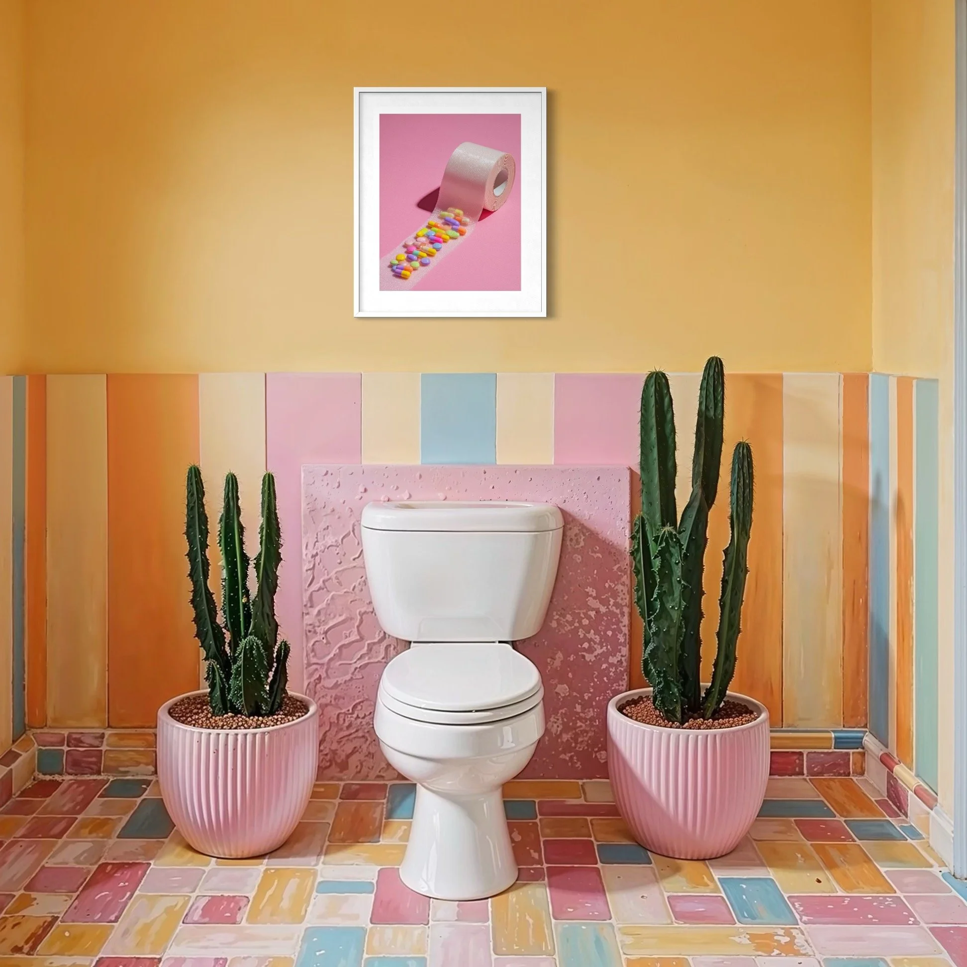 Funny wellness-themed art print combining medication imagery with pink pop art design.