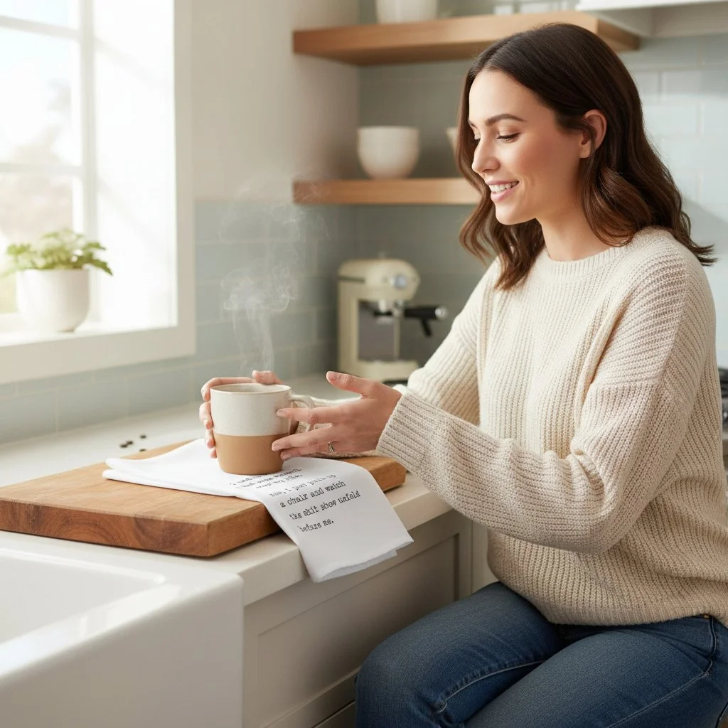 Witty kitchen towel featuring black text and a brutally honest message about life’s chaos.
