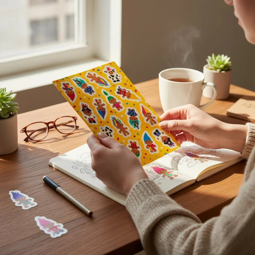 Retro troll doll stickers with wild hair and outfits including wizard, cow, and pirate designs.