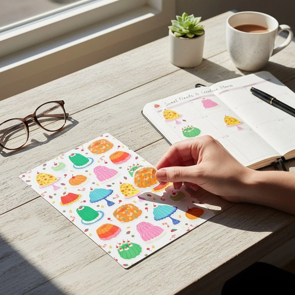 Sticker sheet with kitschy vintage desserts, including colorful jello and gelatin food illustrations.