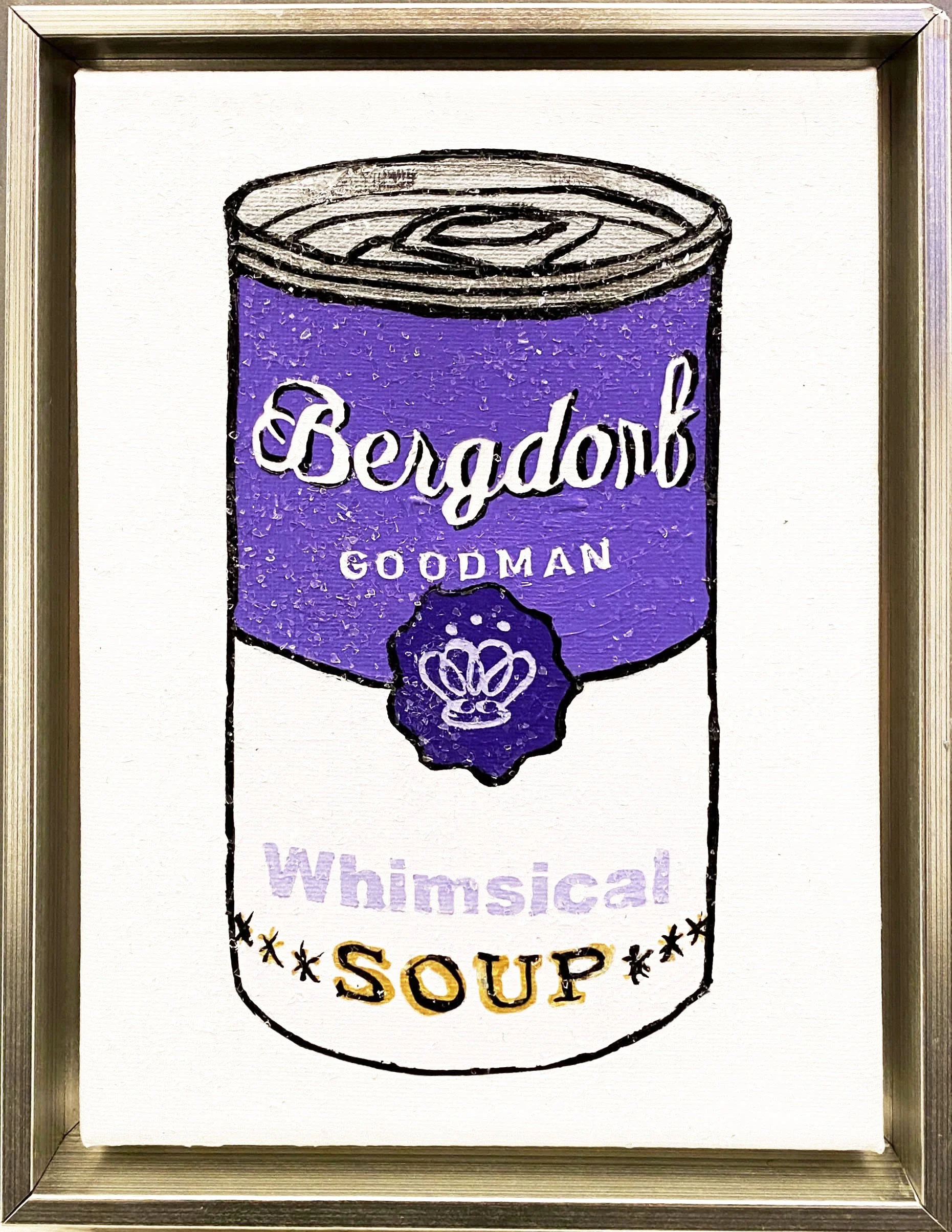 A painting of a glittery purple can labeled "Bergdorf Goodman Whimsical Soup."