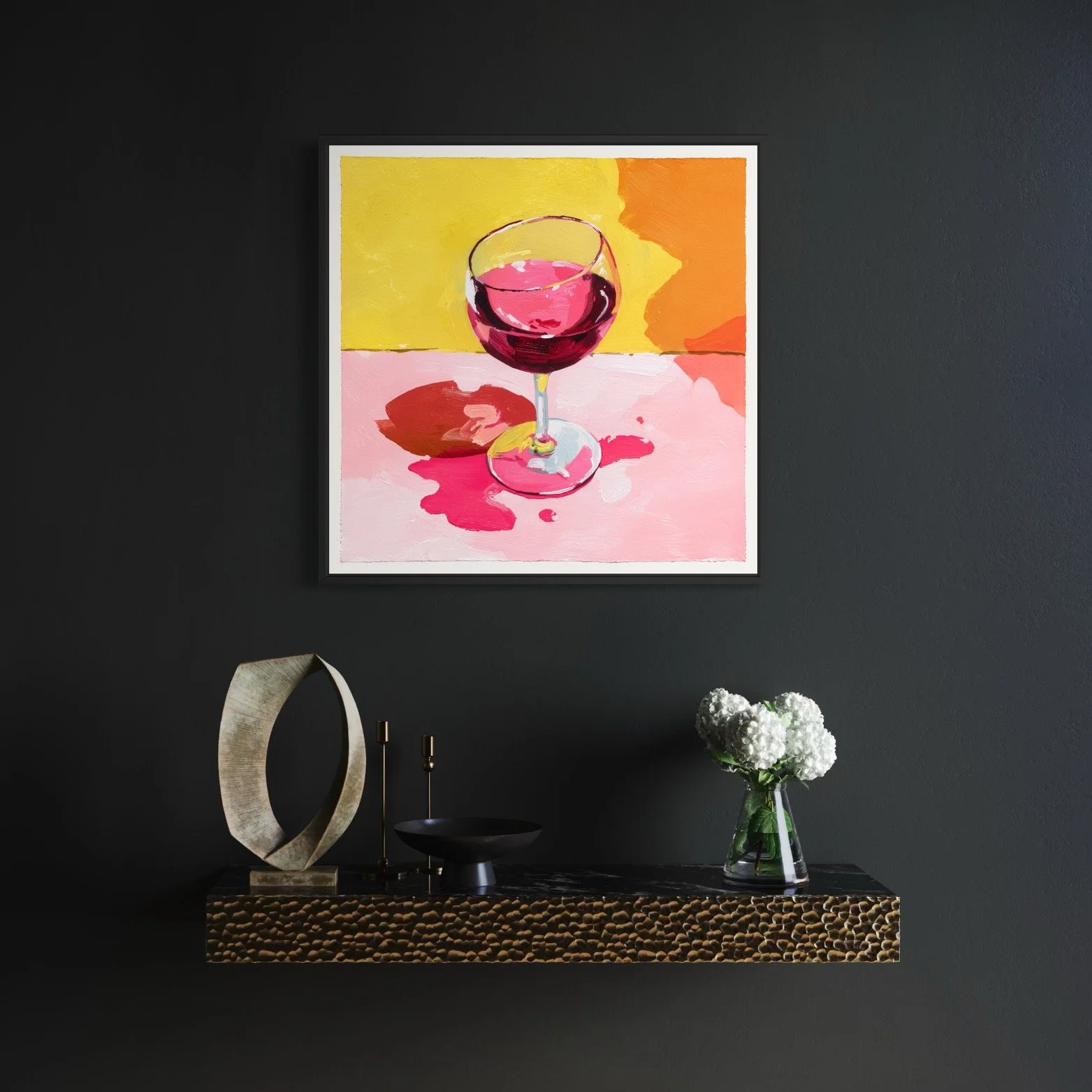 Whimsical wine art showing a dramatic spill on a pastel-colored tabletop.