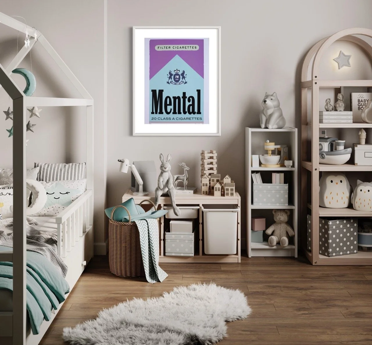 A framed poster on the wall of a children's room, displaying a parody of a cigarette brand. The poster reads 'Mental' in bold letters, with 'Filter Cigarettes' and '20 Class A Cigarettes' beneath. It features a graphic of a crown above the brand name