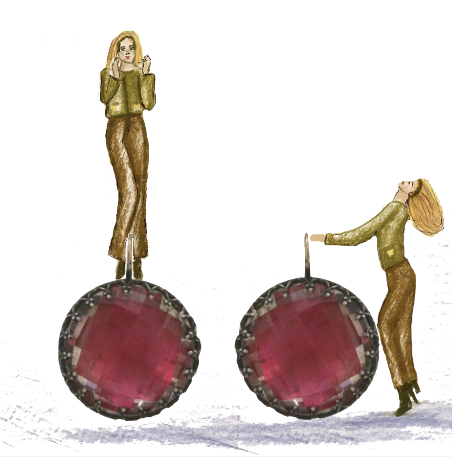 Artwork featuring giant red gemstone earrings and two women in green tops and brown pants. The women are integrated into the scene, with one standing on an earring and the other interacting playfully with the other.