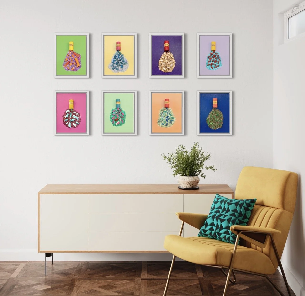 Eight different colored neon canvases with pill bottles spilling out barbie shoes and glitter hanging above a white console and yellow chair.