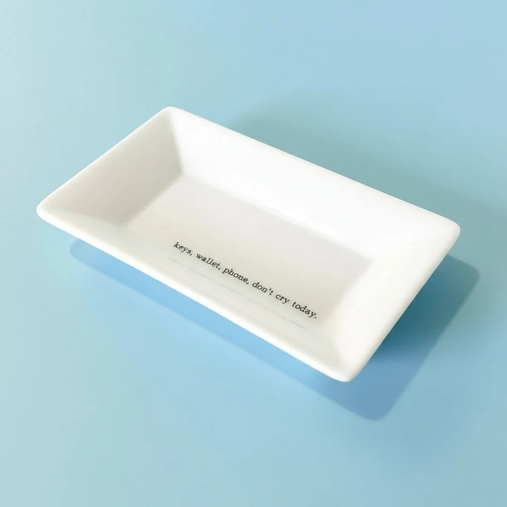 Minimalist ceramic dish with “keys, wallet, phone, don’t cry today” printed in black text.