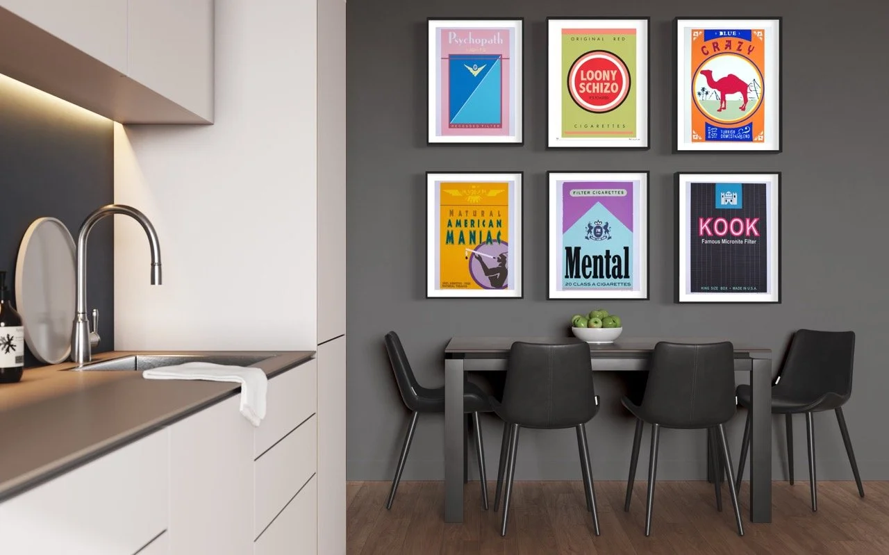 Six framed silkscreen prints resemble vintage cigarette pack designs with satirical titles and playful graphics. From top left to bottom right, the titles are 'Psychopath,' 'Loony Schizo,' 'Crazy,' 'Natural American Maniac,' 'Mental,' and 'Kook.'