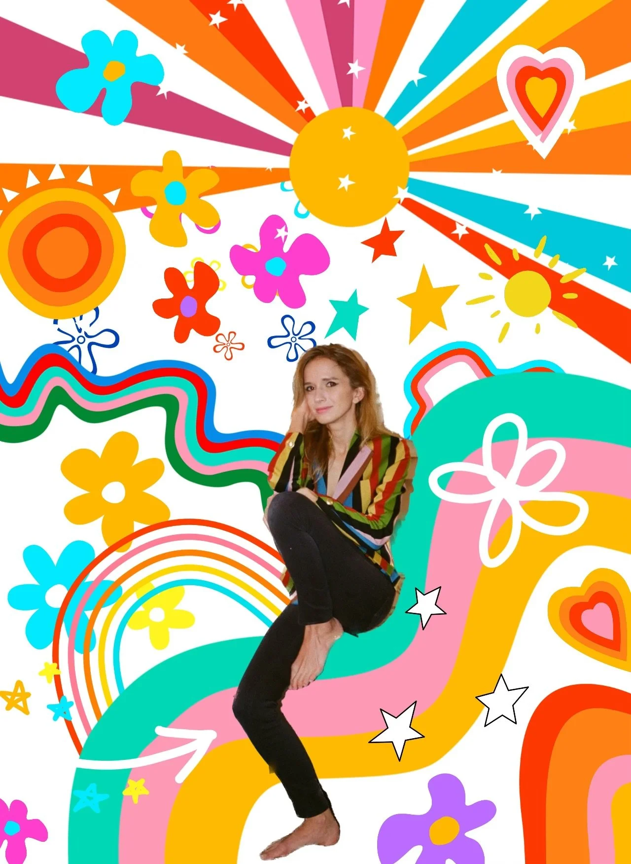 Woman sitting in front of a colorful, psychedelic background featuring rainbows, stars, flowers, and hearts. The backdrop includes vibrant stripes and a large sunburst design, creating a lively, retro 70s-inspired scene.
