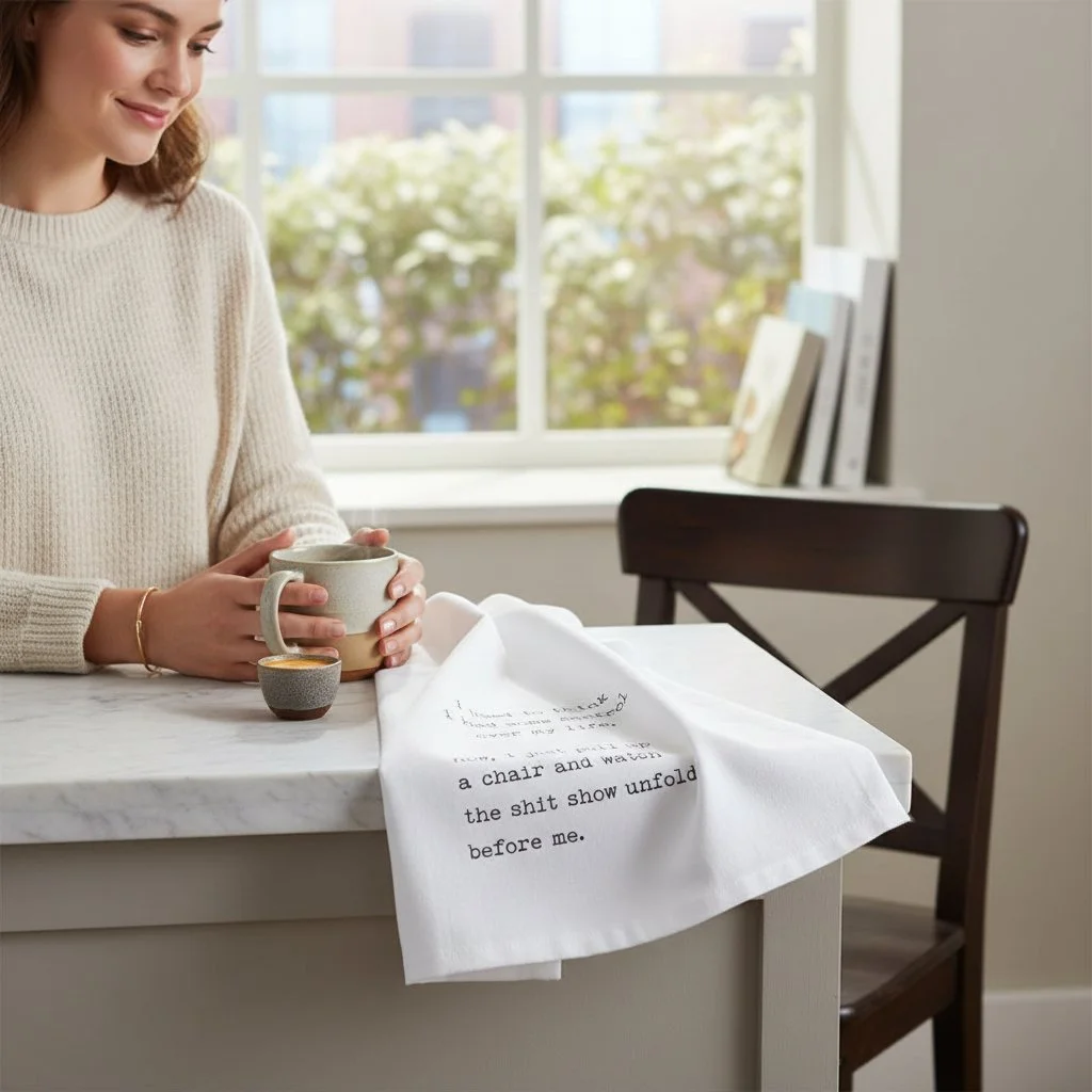 Witty kitchen towel featuring black text and a brutally honest message about life’s chaos.