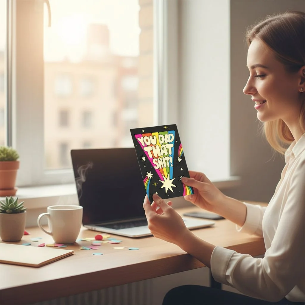 Colorful encouragement card with “You Did That Sht!” text in bold 70s-style font and starburst accents.