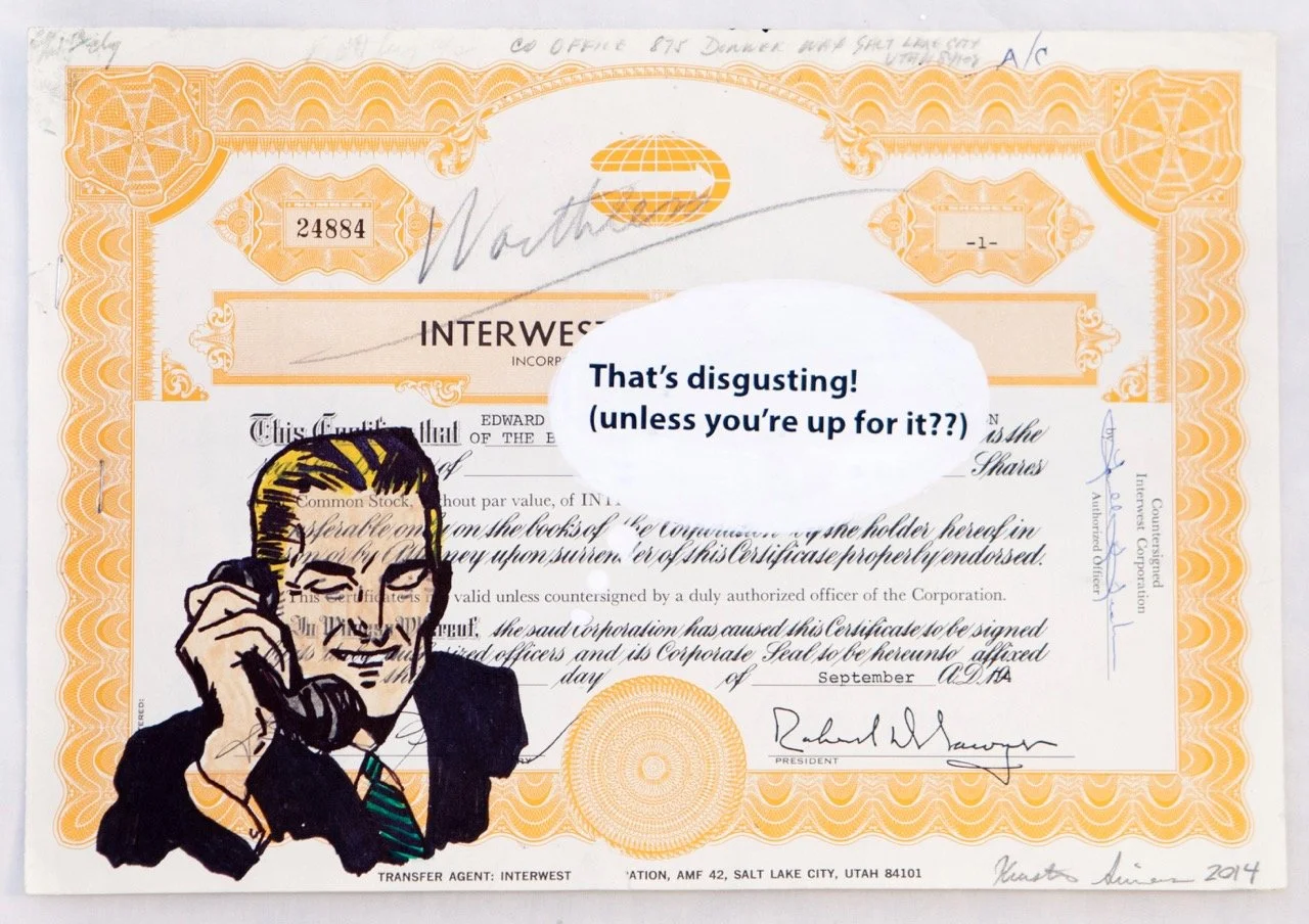 Vintage stock certificate with ornate orange borders, featuring a retro-styled man on the phone in the lower left. A speech bubble reads, "That's disgusting! (unless you're up for it??)." 