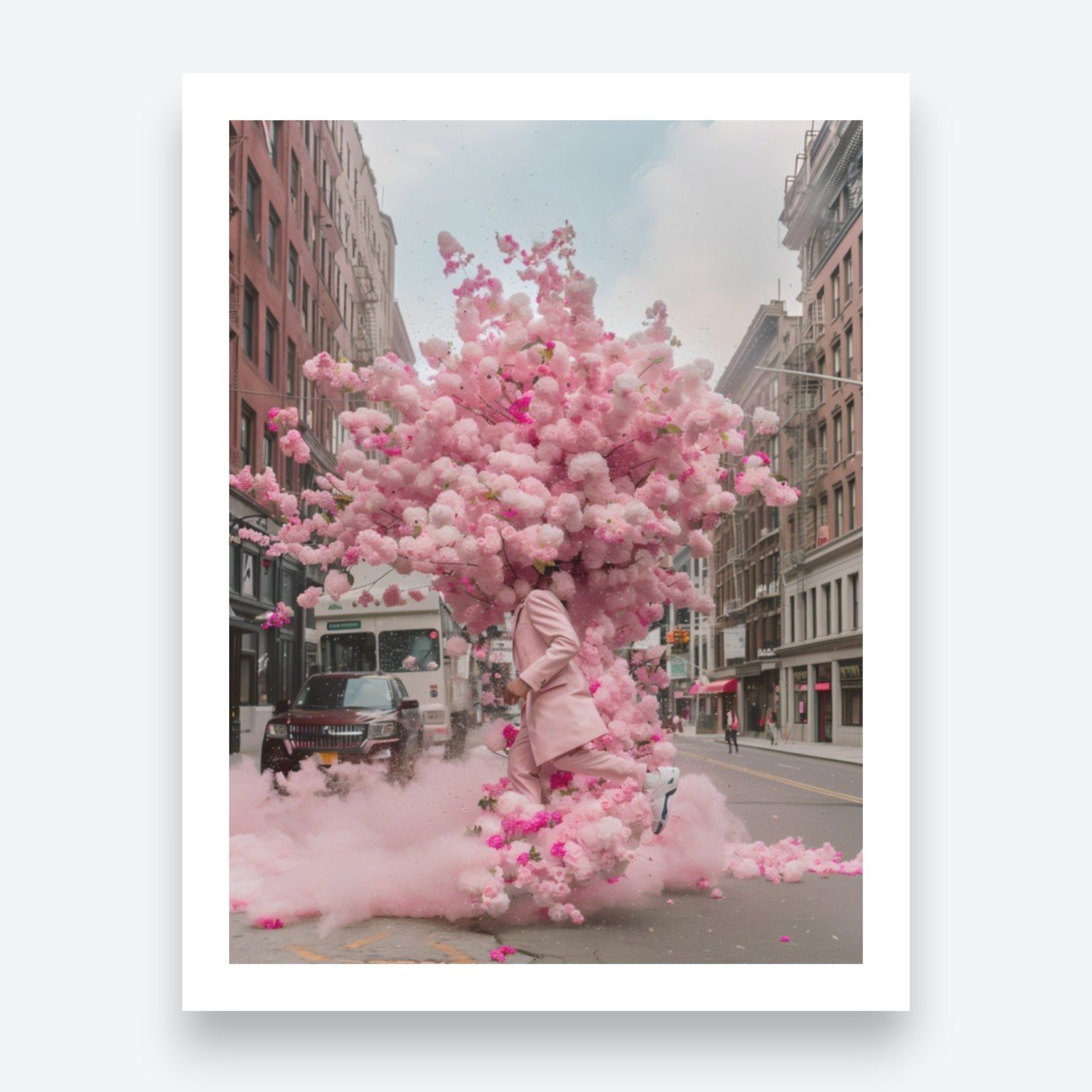 Surreal and imaginative scene with a pink flower cloud overtaking a city street as a man in a pink suit runs ahead.