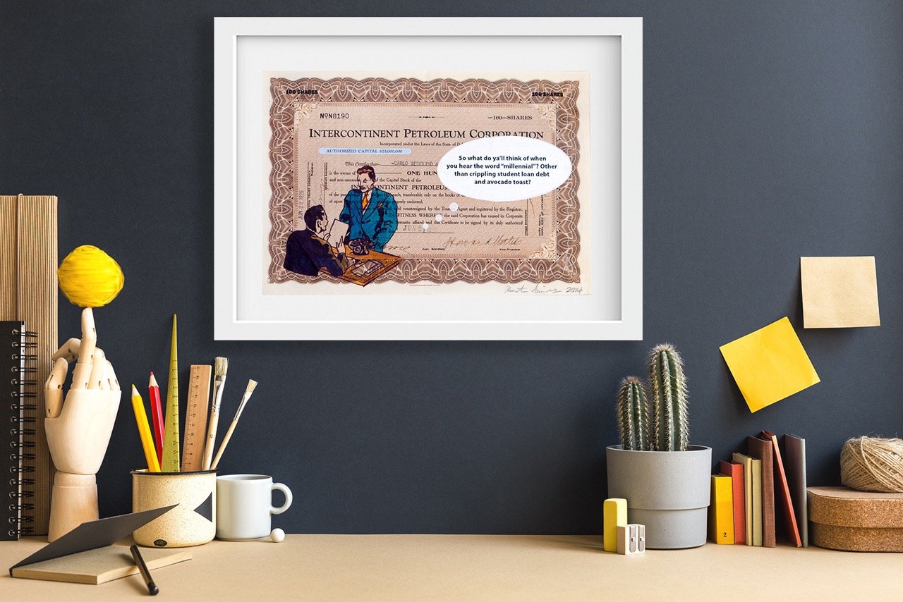 Framed Intercontinent Petroleum Corporation stock certificate with a humorous illustration of two men talking. One man asks, "So what do y'all think of when you hear the word 'millennial'? Other than crippling student loan debt and avocado toast?" Th
