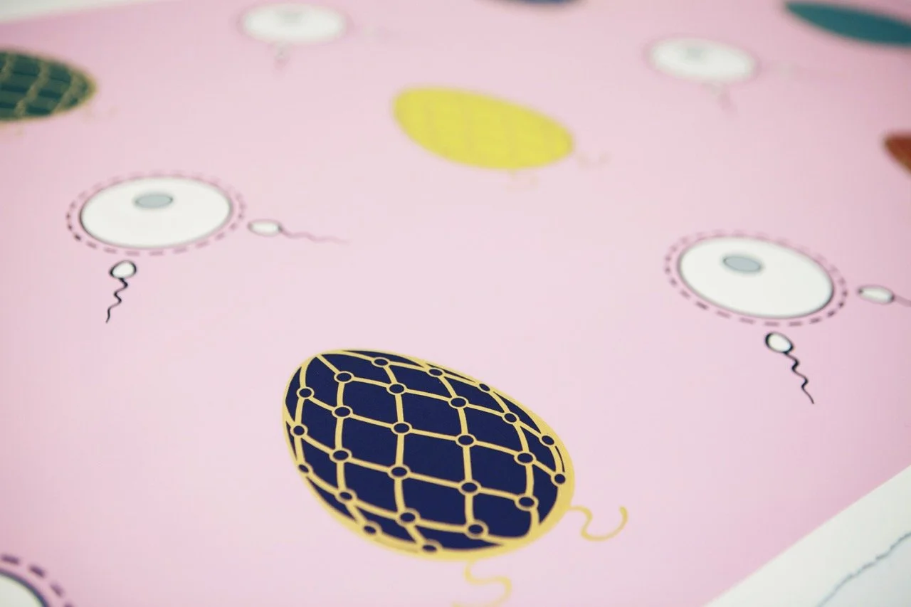 Close up of an art print on a pink background featuring Fabergé eggs and sperm and pee tree dishes.