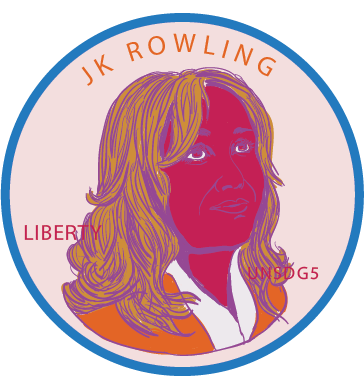 Artwork featuring a pop-art portrait of JK Rowling with the text 'LIBERTY' and 'UNSDGs' on the sides, rendered in shades of purple and orange.