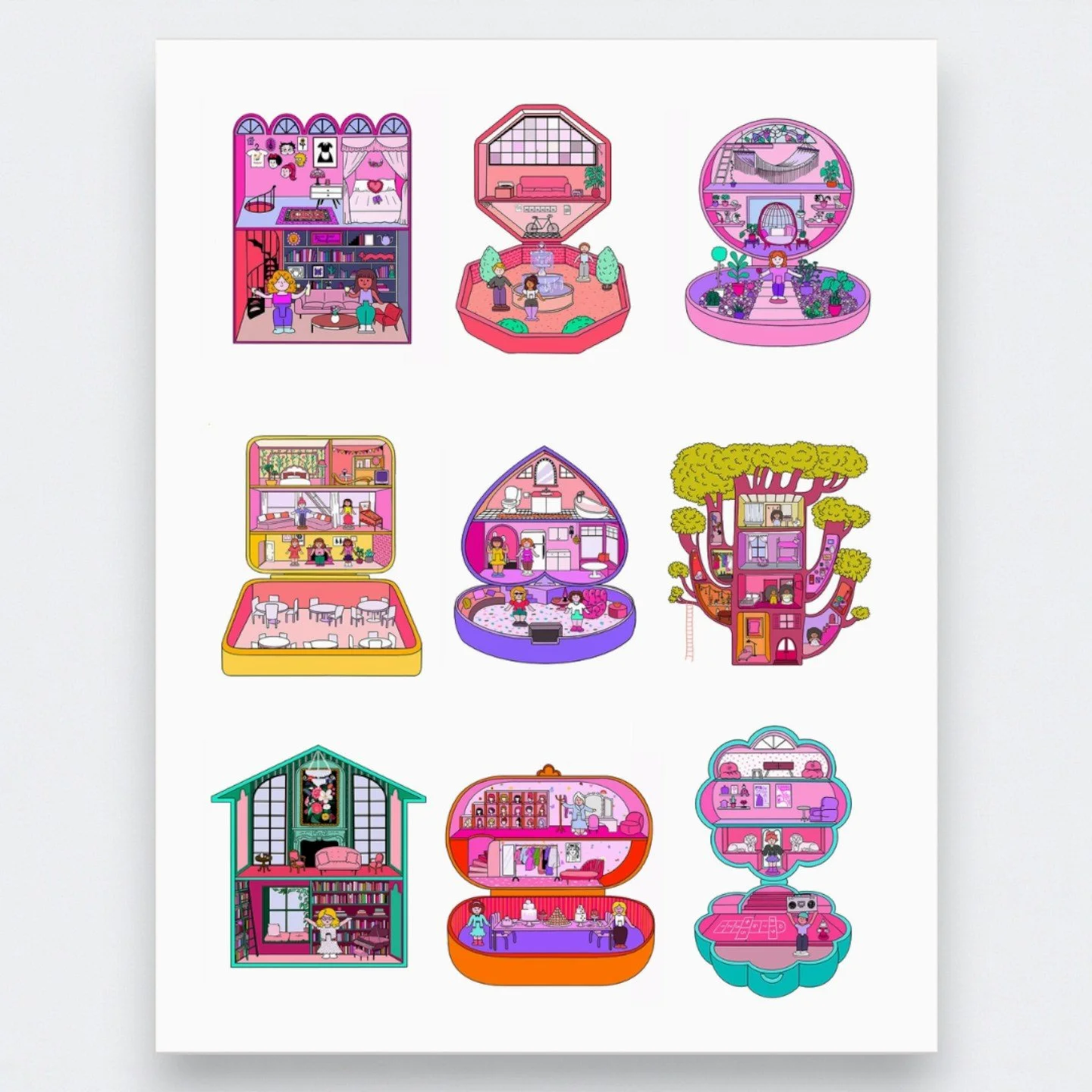 Polly Pocket inspired wall art showing nine quirky pastel toy houses with retro nostalgia flair.