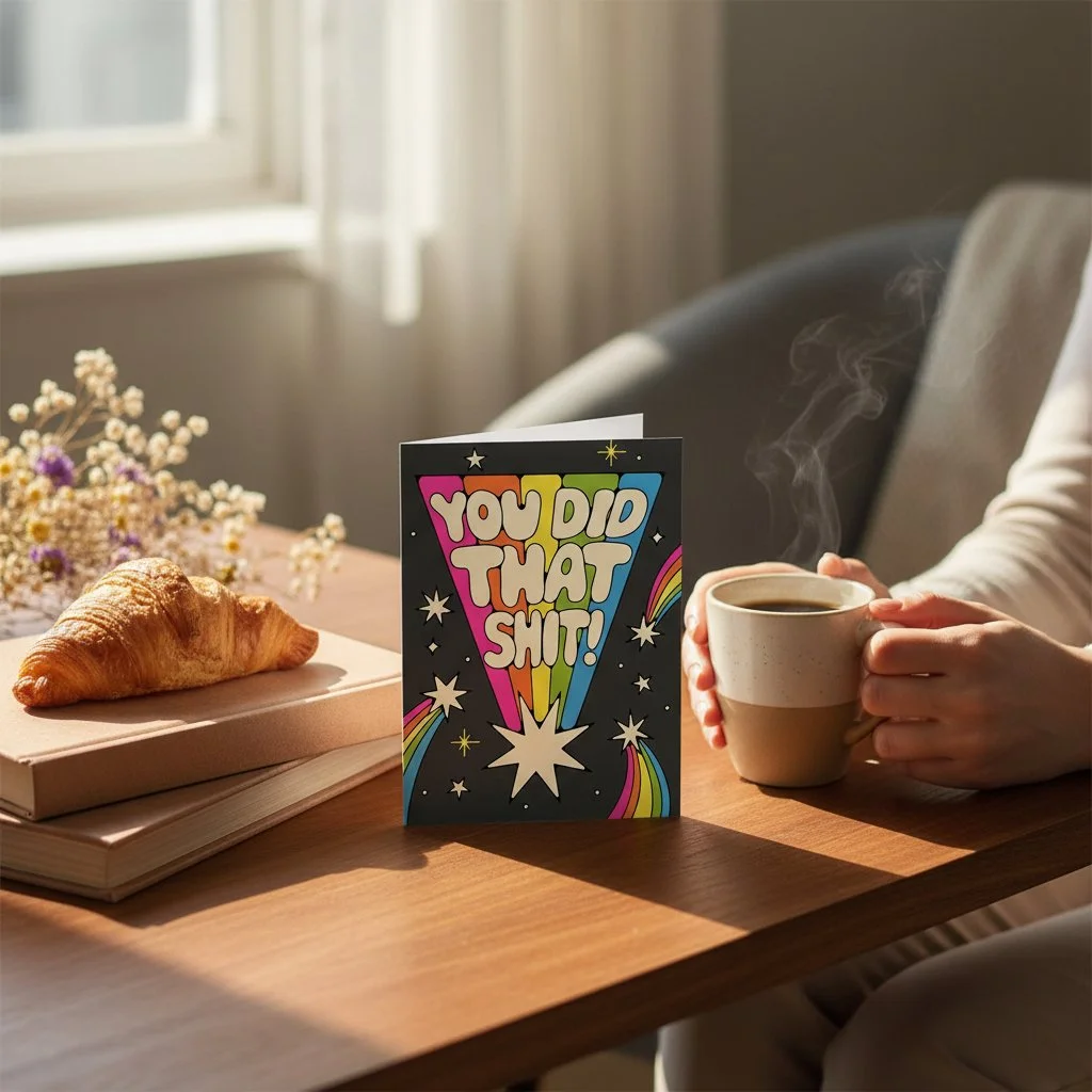 Cheeky celebration card with profanity, rainbow triangle, and a black background filled with retro stars.