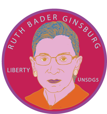A colorful circular portrait of Ruth Bader Ginsberg by artist Kristin Simmons depicted in pink and orange tones, set against a red background. Around the portrait, the word 'LIBERTY' appears at the bottom and 'UNSNDG5' is written on the right side