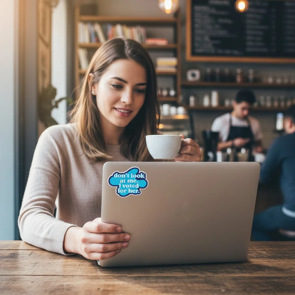 Durable vinyl sticker that says “I voted for her” in a fun and bold retro blue design.