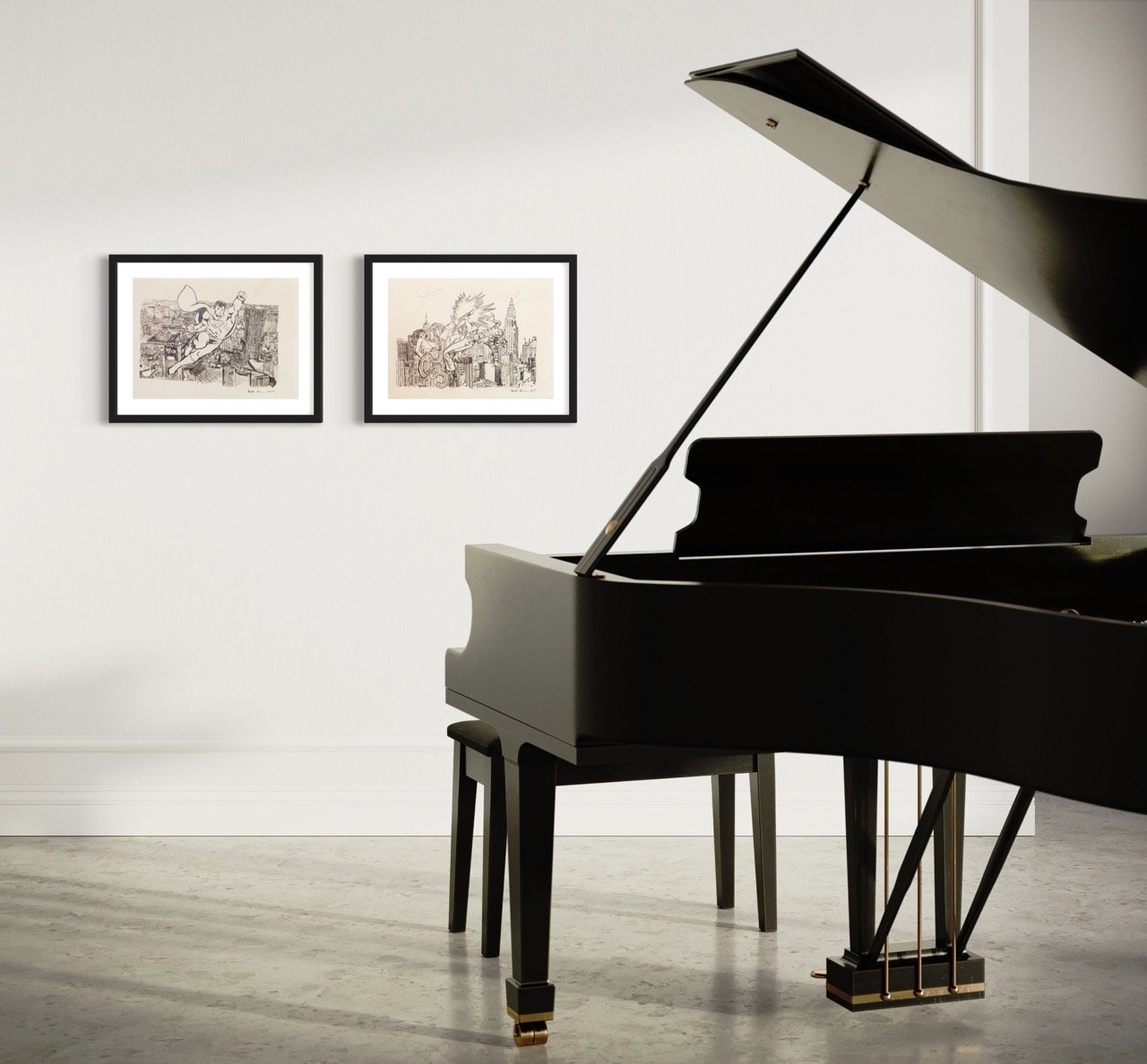 Two framed monochrome sketches of a superhero flying over cityscapes on a wall adjacent to an open grand piano.