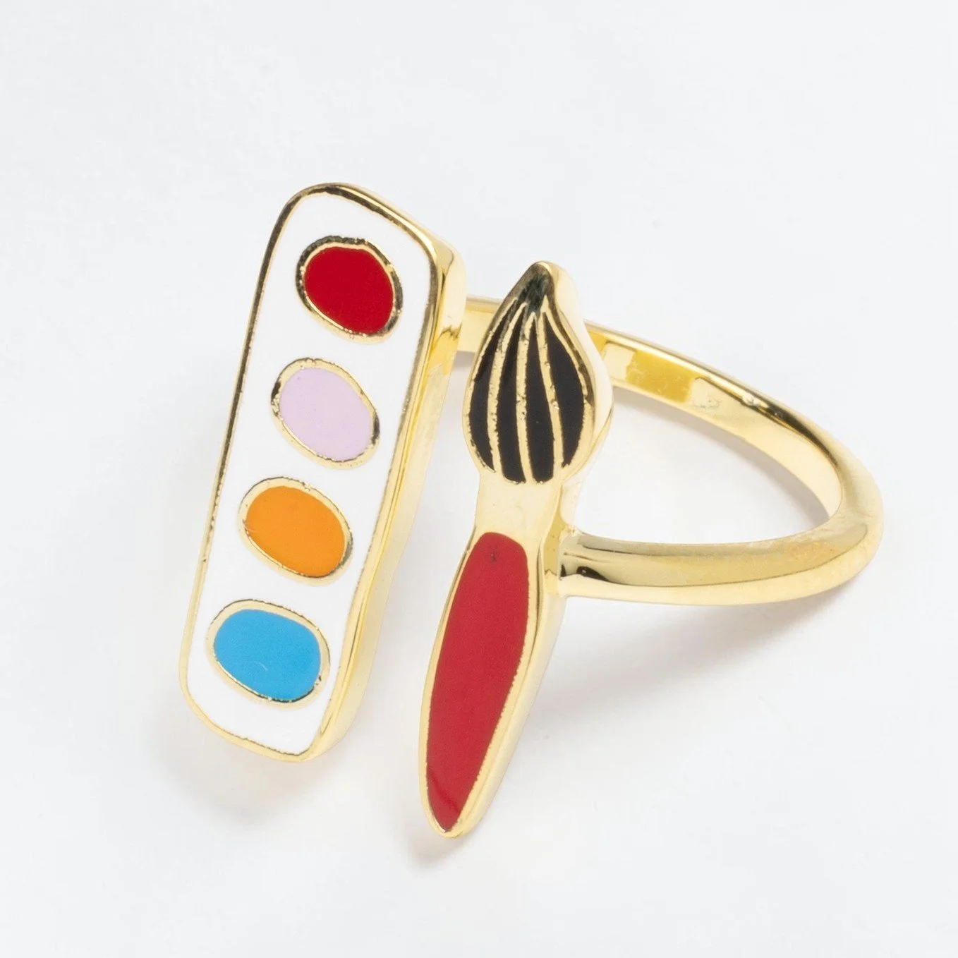 Gold adjustable artist ring with colorful enamel paint palette and paintbrush design