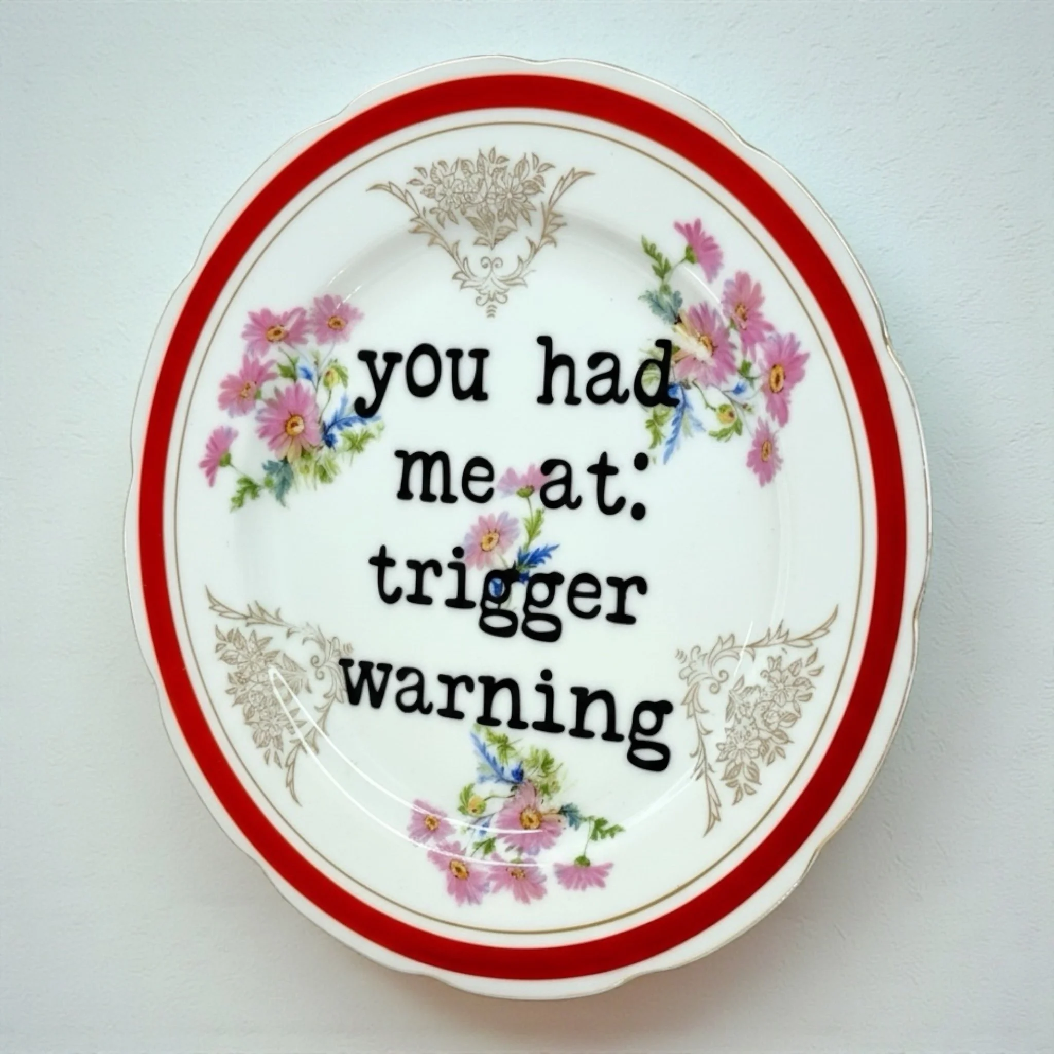 Decorative porcelain plate featuring edgy quote “you had me at trigger warning” with pink flowers.