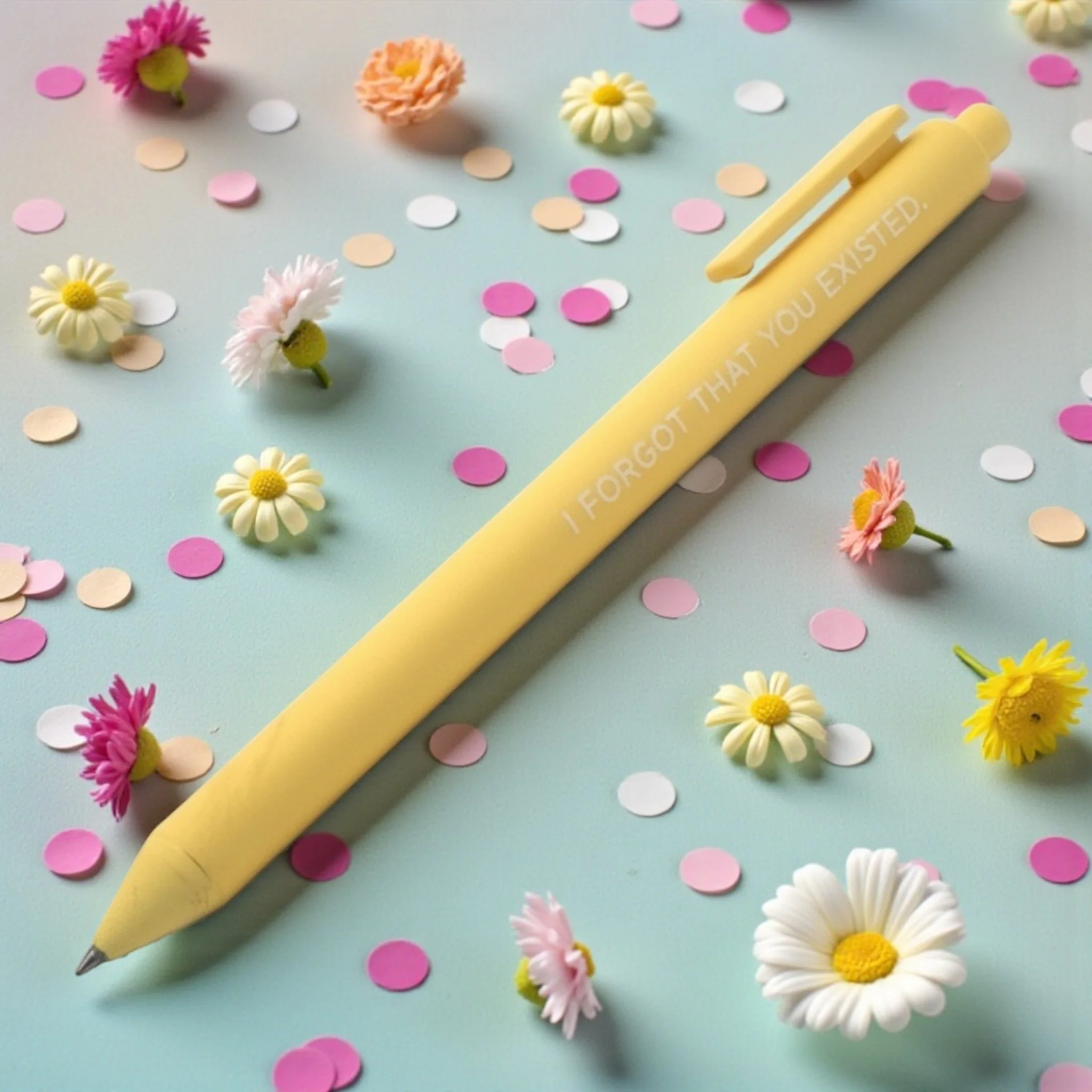 Yellow Taylor Swift pen with “I FORGOT THAT YOU EXISTED” lyric from the Lover album, styled with daisies and confetti.