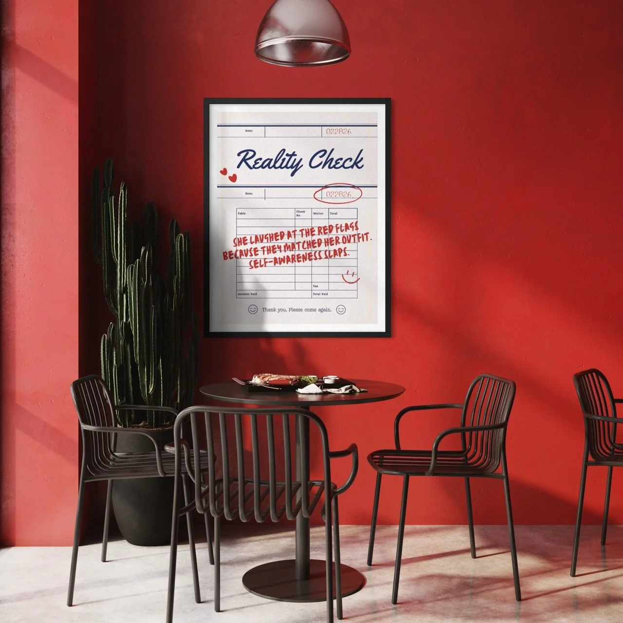 Funny red flag wall art with sarcastic relationship quote in red script over minimalist navy receipt design.