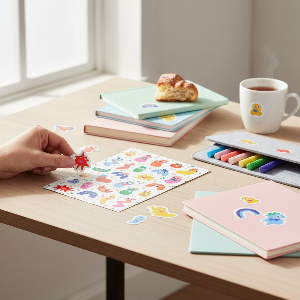 Funny vinyl stickers of quirky cartoon characters with bold shapes and whimsical faces.