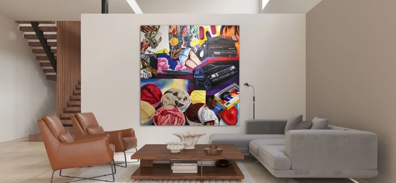 9 panel oil painting of realistic 80s style ads collaged together hanging in a living room.