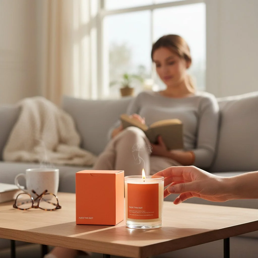 Scented candle with sweary label and citrus notes, ideal for sarcastic home decor or self-care gifts.